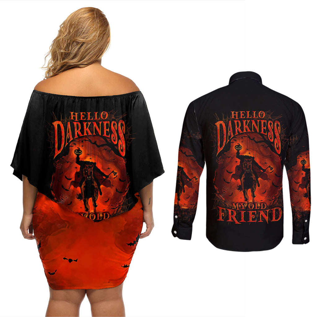 Jack O Lantern Skull Couples Matching Off Shoulder Short Dress and Long Sleeve Button Shirt Hello Darkness My Old Friend - Wonder Print Shop