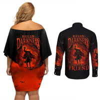 Jack O Lantern Skull Couples Matching Off Shoulder Short Dress and Long Sleeve Button Shirt Hello Darkness My Old Friend - Wonder Print Shop