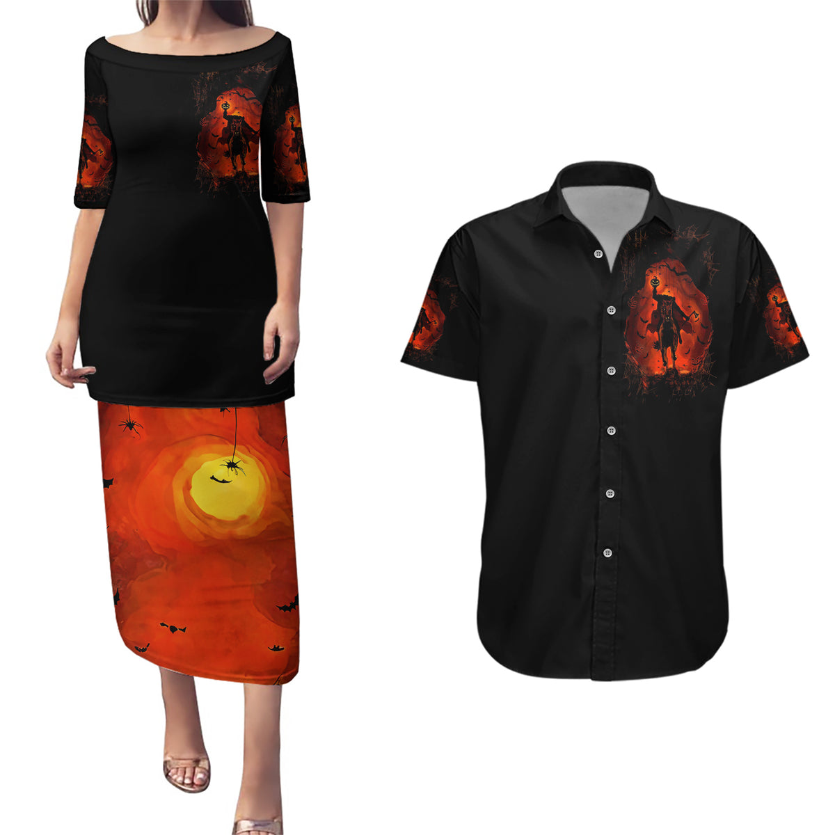 Jack O Lantern Skull Couples Matching Puletasi Dress and Hawaiian Shirt Hello Darkness My Old Friend - Wonder Print Shop