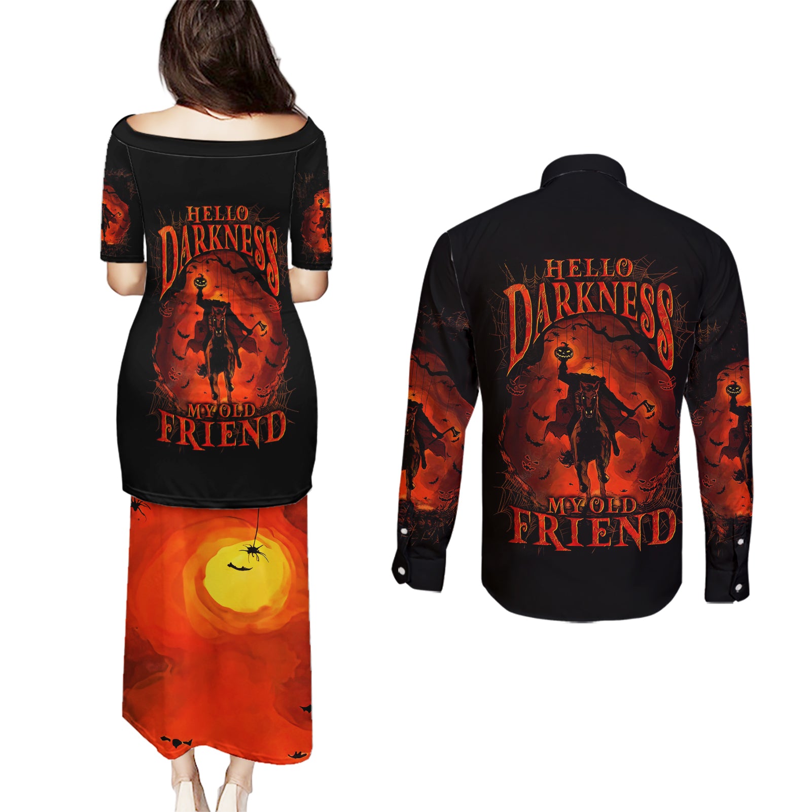 Jack O Lantern Skull Couples Matching Puletasi Dress and Long Sleeve Button Shirt Hello Darkness My Old Friend - Wonder Print Shop