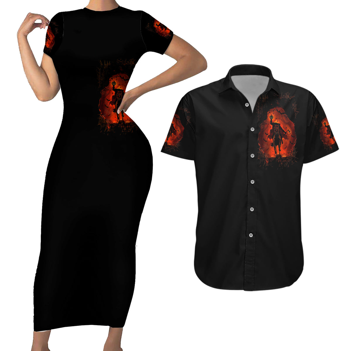 Jack O Lantern Skull Couples Matching Short Sleeve Bodycon Dress and Hawaiian Shirt Hello Darkness My Old Friend - Wonder Print Shop