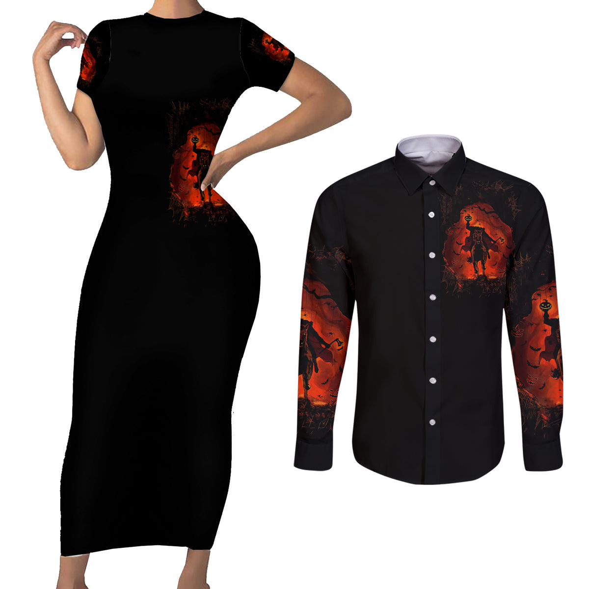Jack O Lantern Skull Couples Matching Short Sleeve Bodycon Dress and Long Sleeve Button Shirt Hello Darkness My Old Friend - Wonder Print Shop