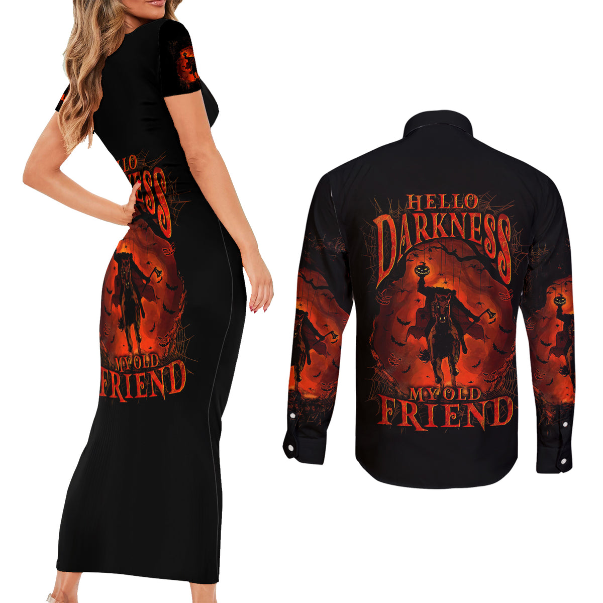 Jack O Lantern Skull Couples Matching Short Sleeve Bodycon Dress and Long Sleeve Button Shirt Hello Darkness My Old Friend - Wonder Print Shop