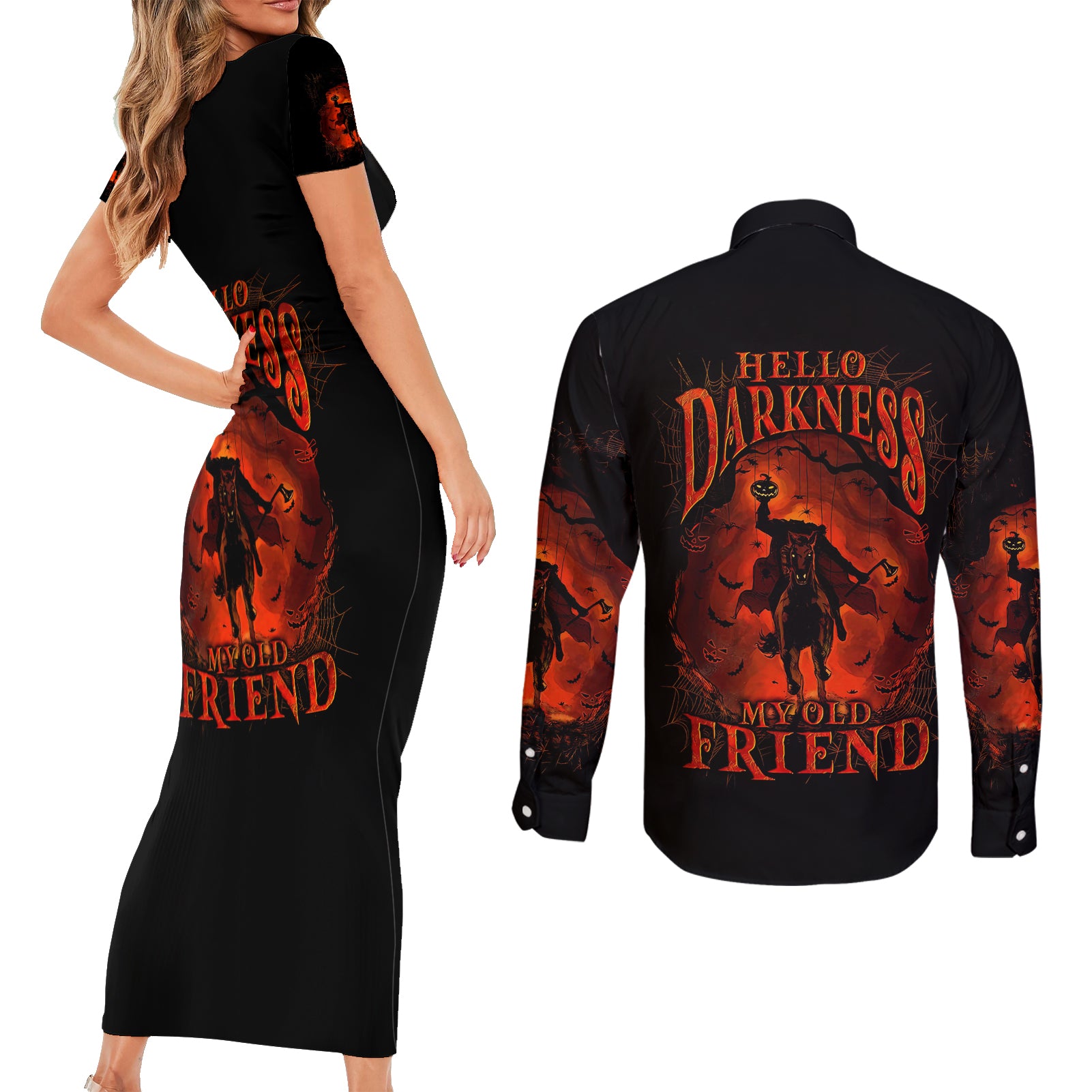 Jack O Lantern Skull Couples Matching Short Sleeve Bodycon Dress and Long Sleeve Button Shirt Hello Darkness My Old Friend - Wonder Print Shop