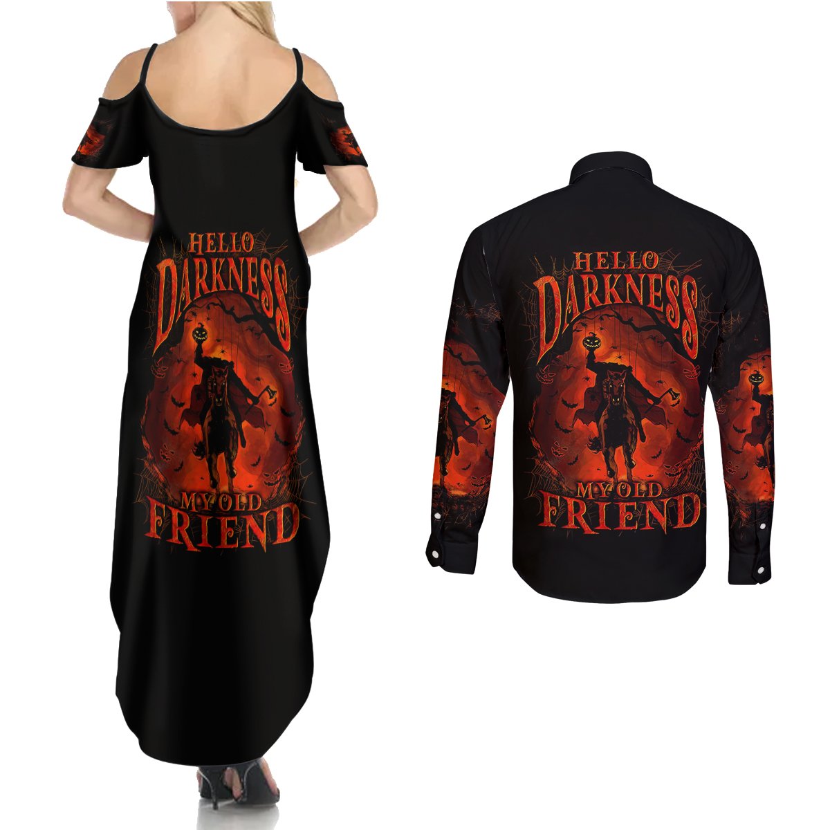 Jack O Lantern Skull Couples Matching Summer Maxi Dress and Long Sleeve Button Shirt Hello Darkness My Old Friend - Wonder Print Shop