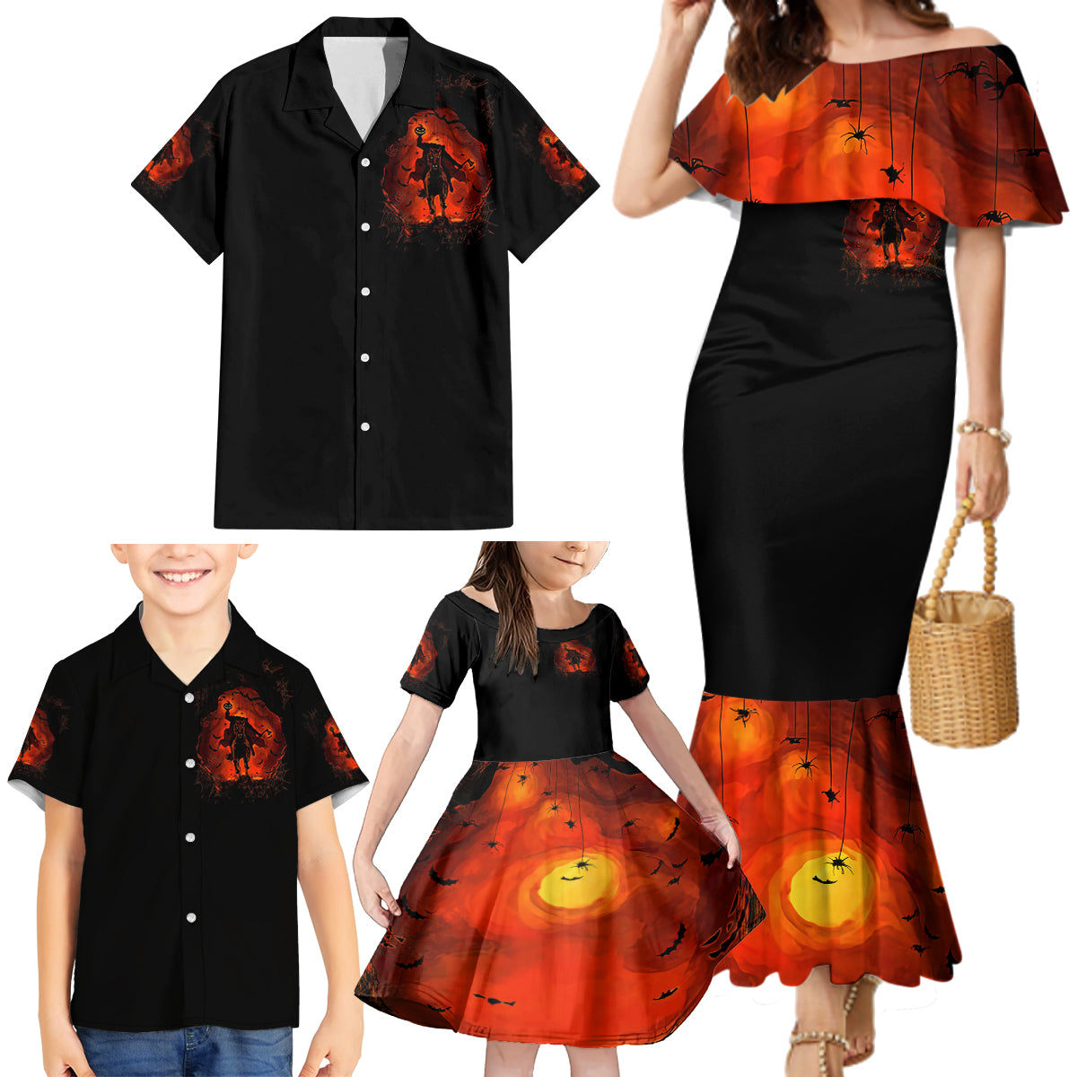 Jack O Lantern Skull Family Matching Mermaid Dress and Hawaiian Shirt Hello Darkness My Old Friend - Wonder Print Shop