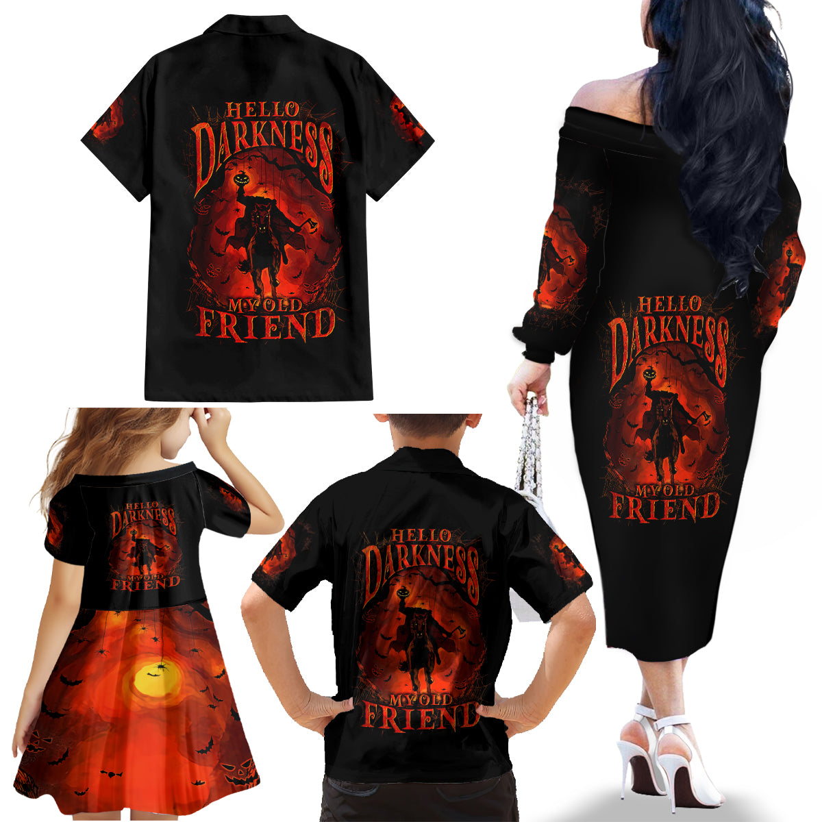 Jack O Lantern Skull Family Matching Off Shoulder Long Sleeve Dress and Hawaiian Shirt Hello Darkness My Old Friend - Wonder Print Shop