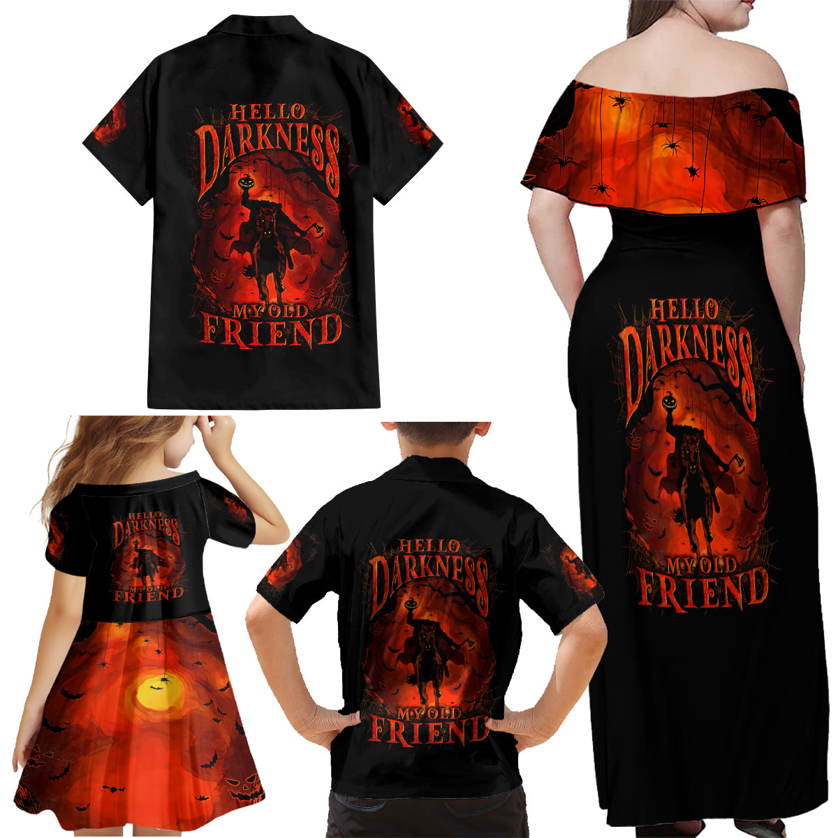 Jack O Lantern Skull Family Matching Off Shoulder Maxi Dress and Hawaiian Shirt Hello Darkness My Old Friend - Wonder Print Shop