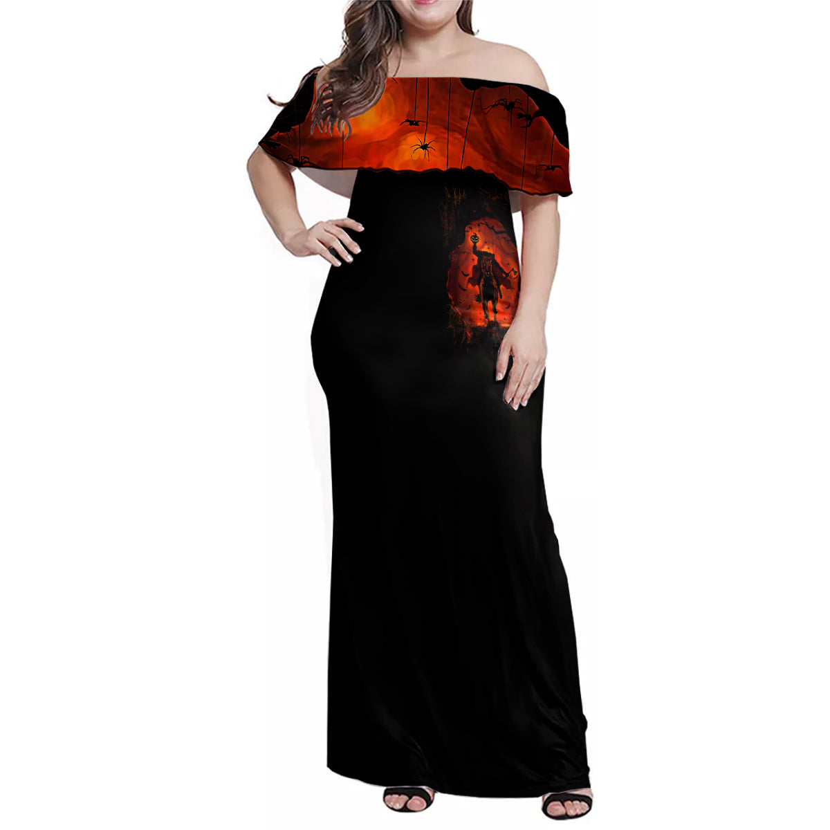 Jack O Lantern Skull Family Matching Off Shoulder Maxi Dress and Hawaiian Shirt Hello Darkness My Old Friend - Wonder Print Shop