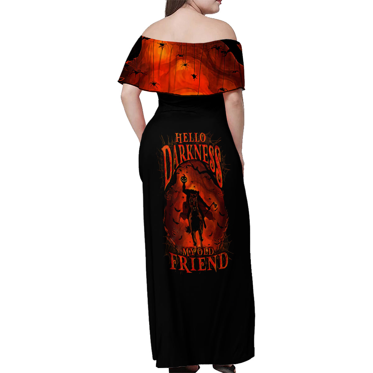 Jack O Lantern Skull Family Matching Off Shoulder Maxi Dress and Hawaiian Shirt Hello Darkness My Old Friend - Wonder Print Shop