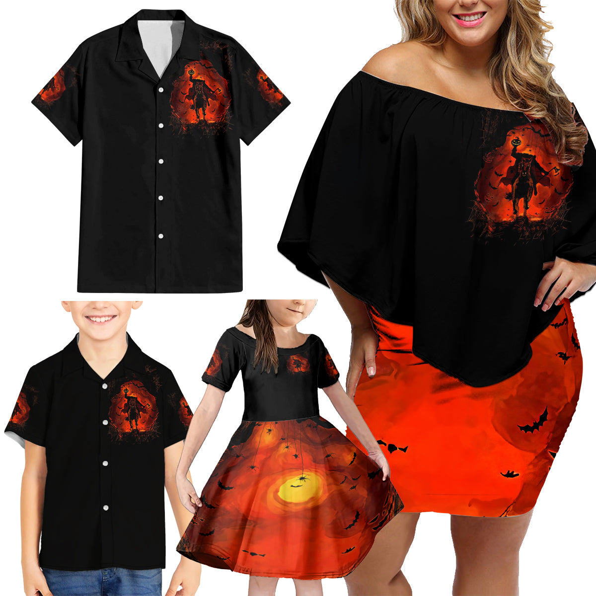 Jack O Lantern Skull Family Matching Off Shoulder Short Dress and Hawaiian Shirt Hello Darkness My Old Friend - Wonder Print Shop