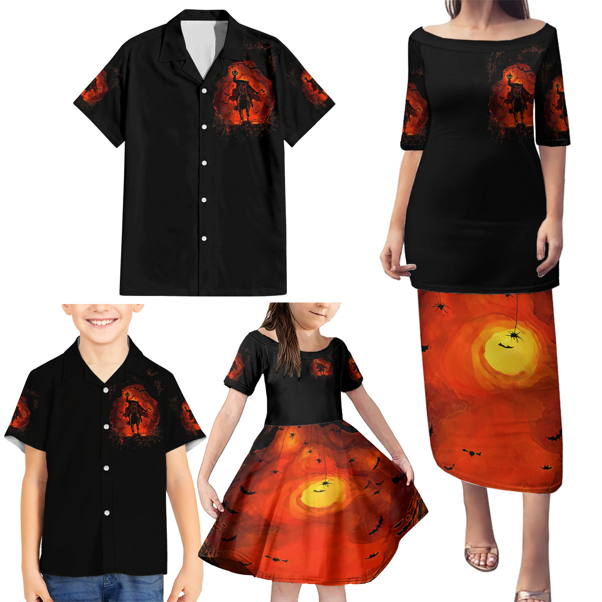 Jack O Lantern Skull Family Matching Puletasi Dress and Hawaiian Shirt Hello Darkness My Old Friend - Wonder Print Shop