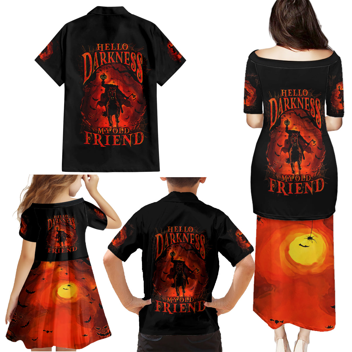 Jack O Lantern Skull Family Matching Puletasi Dress and Hawaiian Shirt Hello Darkness My Old Friend - Wonder Print Shop