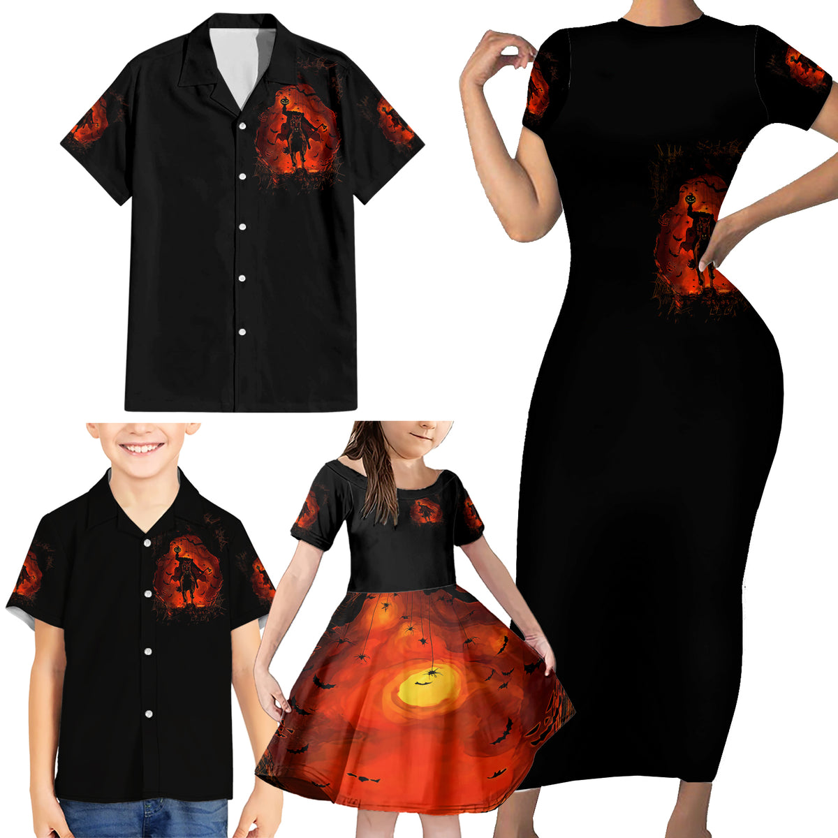 Jack O Lantern Skull Family Matching Short Sleeve Bodycon Dress and Hawaiian Shirt Hello Darkness My Old Friend - Wonder Print Shop