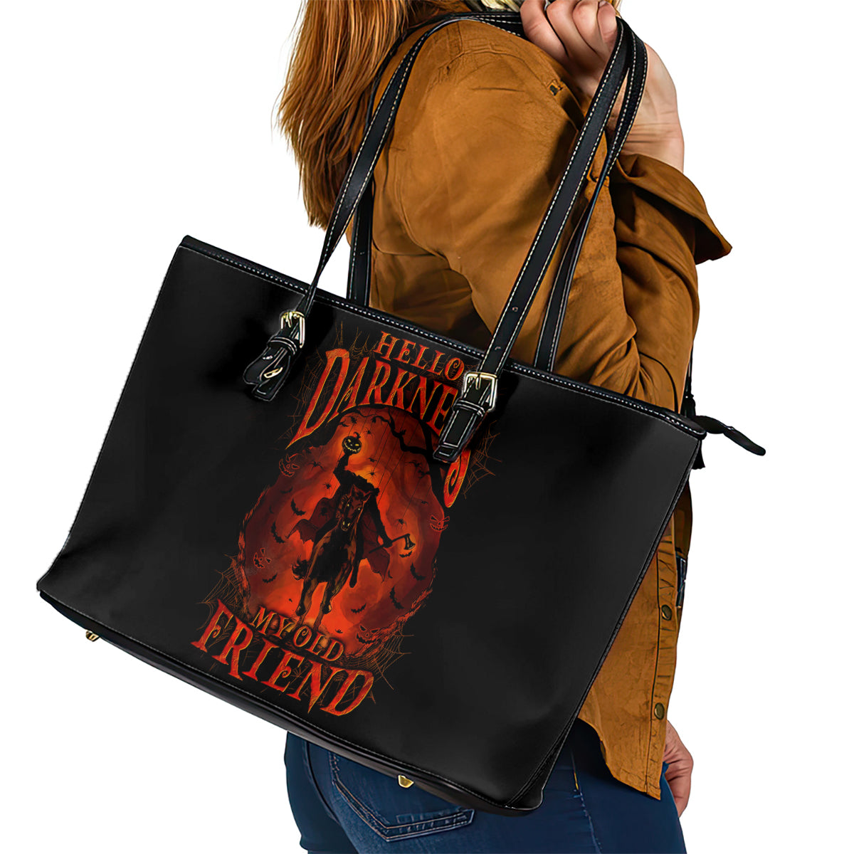 Jack O Lantern Skull Leather Tote Bag Hello Darkness My Old Friend - Wonder Print Shop