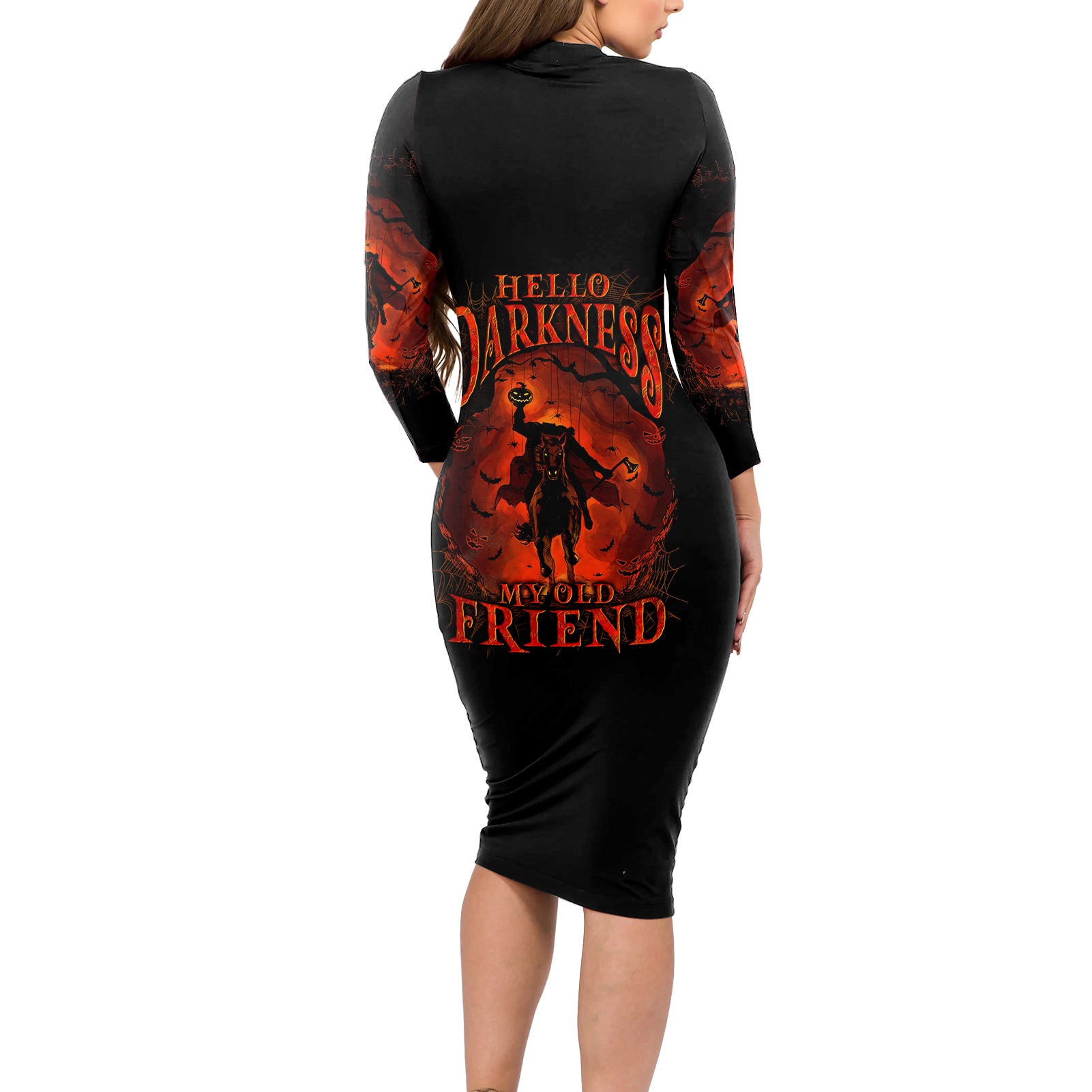 Jack O Lantern Skull Long Sleeve Bodycon Dress Hello Darkness My Old Friend - Wonder Print Shop