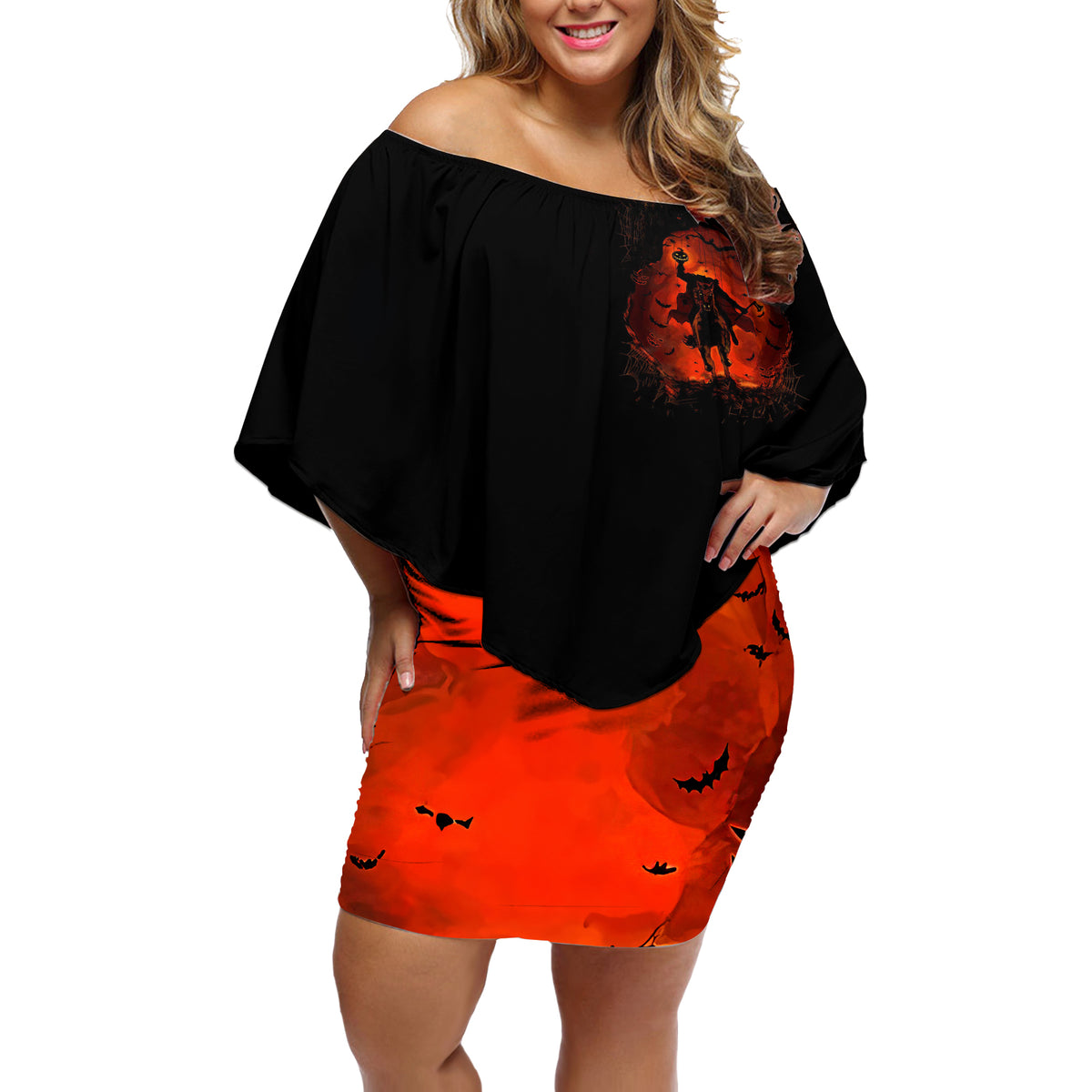 Jack O Lantern Skull Off Shoulder Short Dress Hello Darkness My Old Friend - Wonder Print Shop