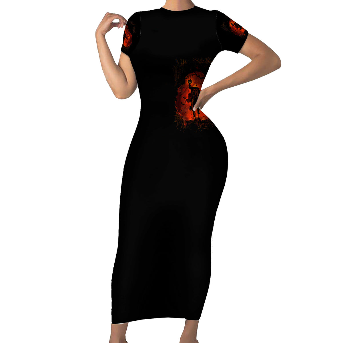 Jack O Lantern Skull Short Sleeve Bodycon Dress Hello Darkness My Old Friend - Wonder Print Shop
