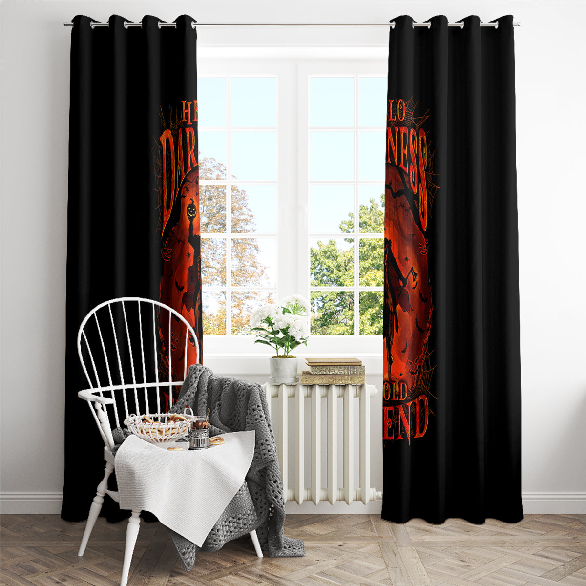 Jack O Lantern Skull Window Curtain Hello Darkness My Old Friend - Wonder Print Shop