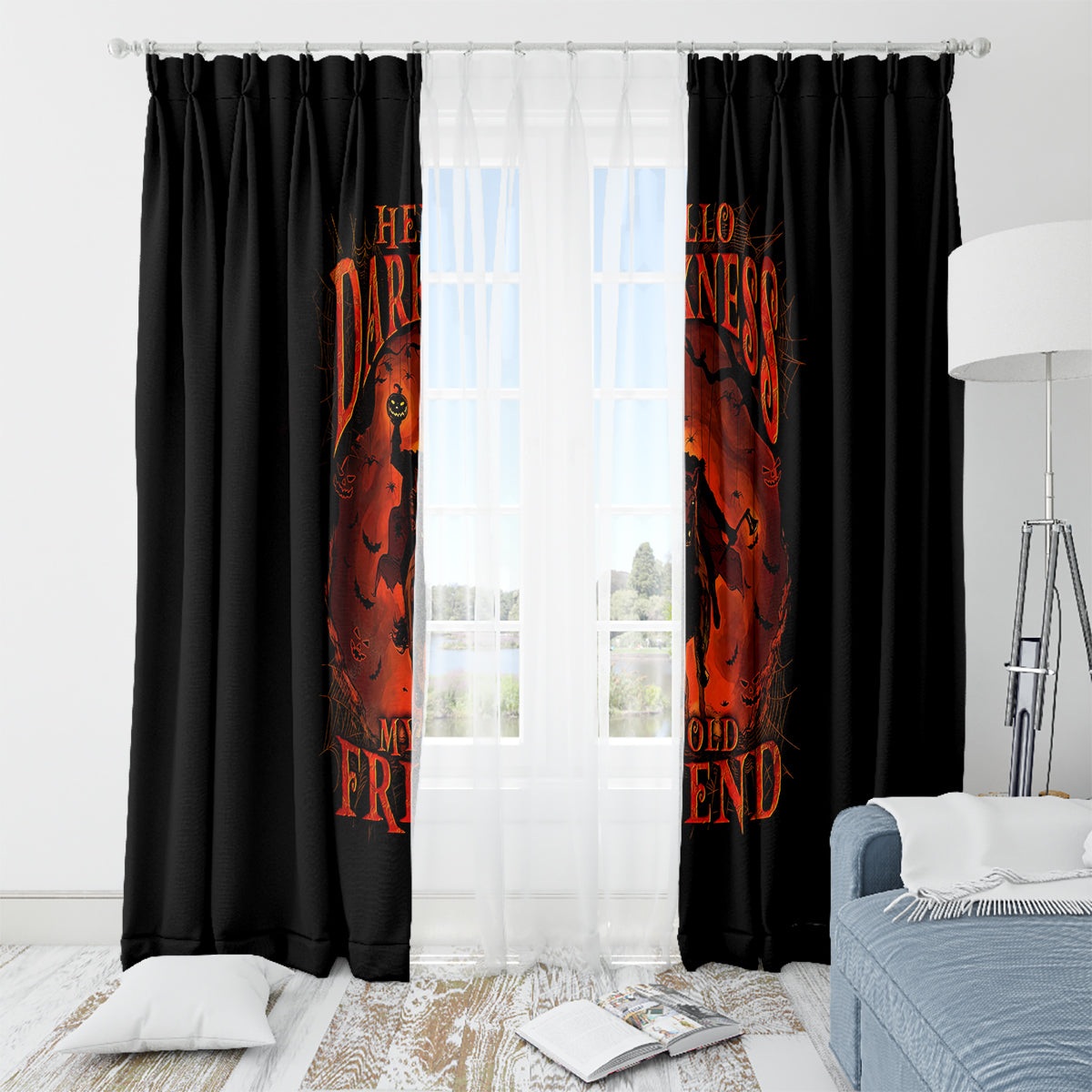 Jack O Lantern Skull Window Curtain Hello Darkness My Old Friend - Wonder Print Shop