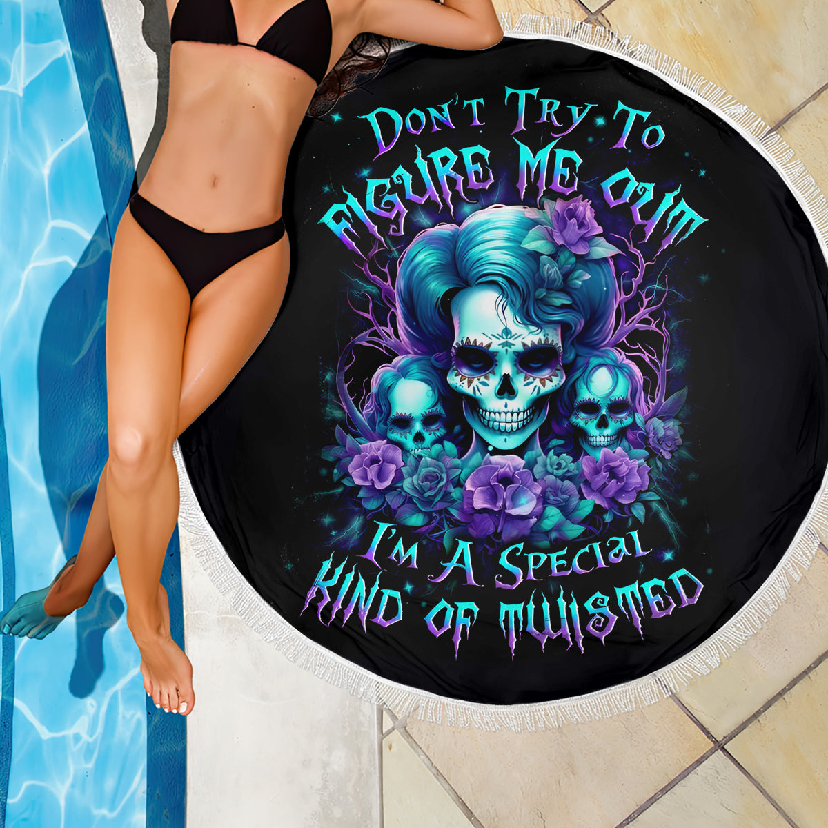 Flower Lady Skull Beach Blanket Don't Try To Figure Me Out - Wonder Print Shop