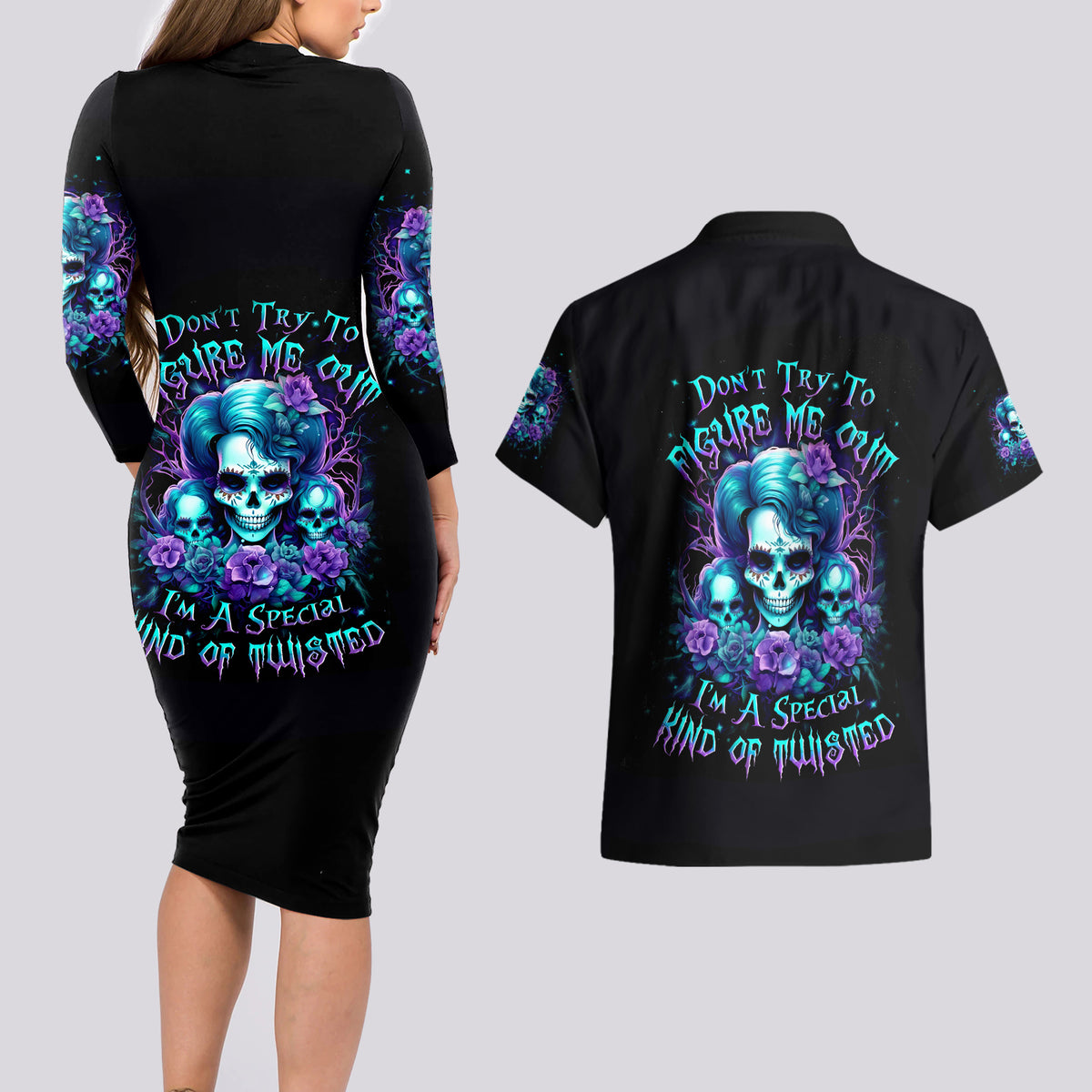 Flower Lady Skull Couples Matching Long Sleeve Bodycon Dress and Hawaiian Shirt Don't Try To Figure Me Out - Wonder Print Shop