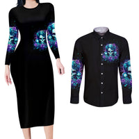 Flower Lady Skull Couples Matching Long Sleeve Bodycon Dress and Long Sleeve Button Shirt Don't Try To Figure Me Out - Wonder Print Shop