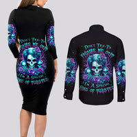 Flower Lady Skull Couples Matching Long Sleeve Bodycon Dress and Long Sleeve Button Shirt Don't Try To Figure Me Out - Wonder Print Shop