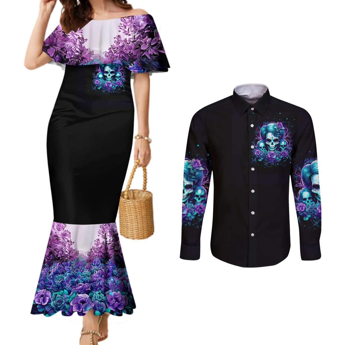 Flower Lady Skull Couples Matching Mermaid Dress and Long Sleeve Button Shirt Don't Try To Figure Me Out DT01