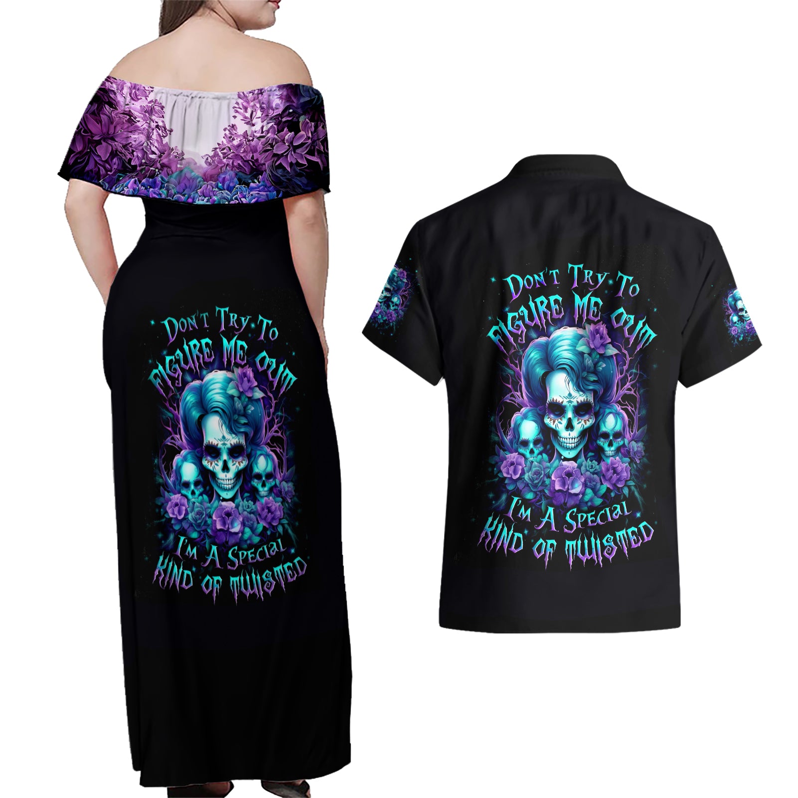 Flower Lady Skull Couples Matching Off Shoulder Maxi Dress and Hawaiian Shirt Don't Try To Figure Me Out - Wonder Print Shop