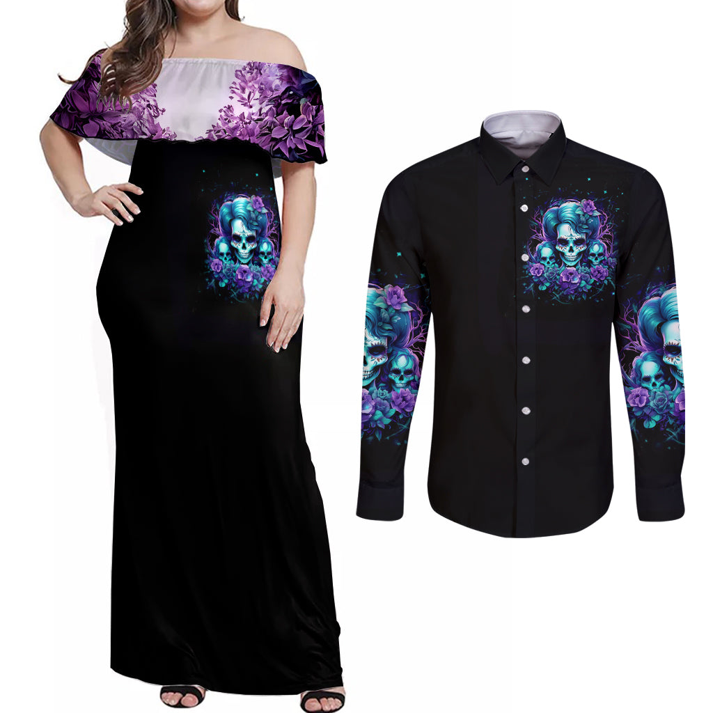 Flower Lady Skull Couples Matching Off Shoulder Maxi Dress and Long Sleeve Button Shirt Don't Try To Figure Me Out - Wonder Print Shop