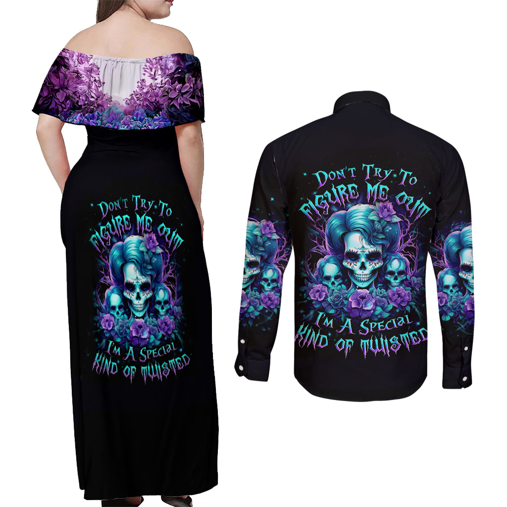 Flower Lady Skull Couples Matching Off Shoulder Maxi Dress and Long Sleeve Button Shirt Don't Try To Figure Me Out - Wonder Print Shop
