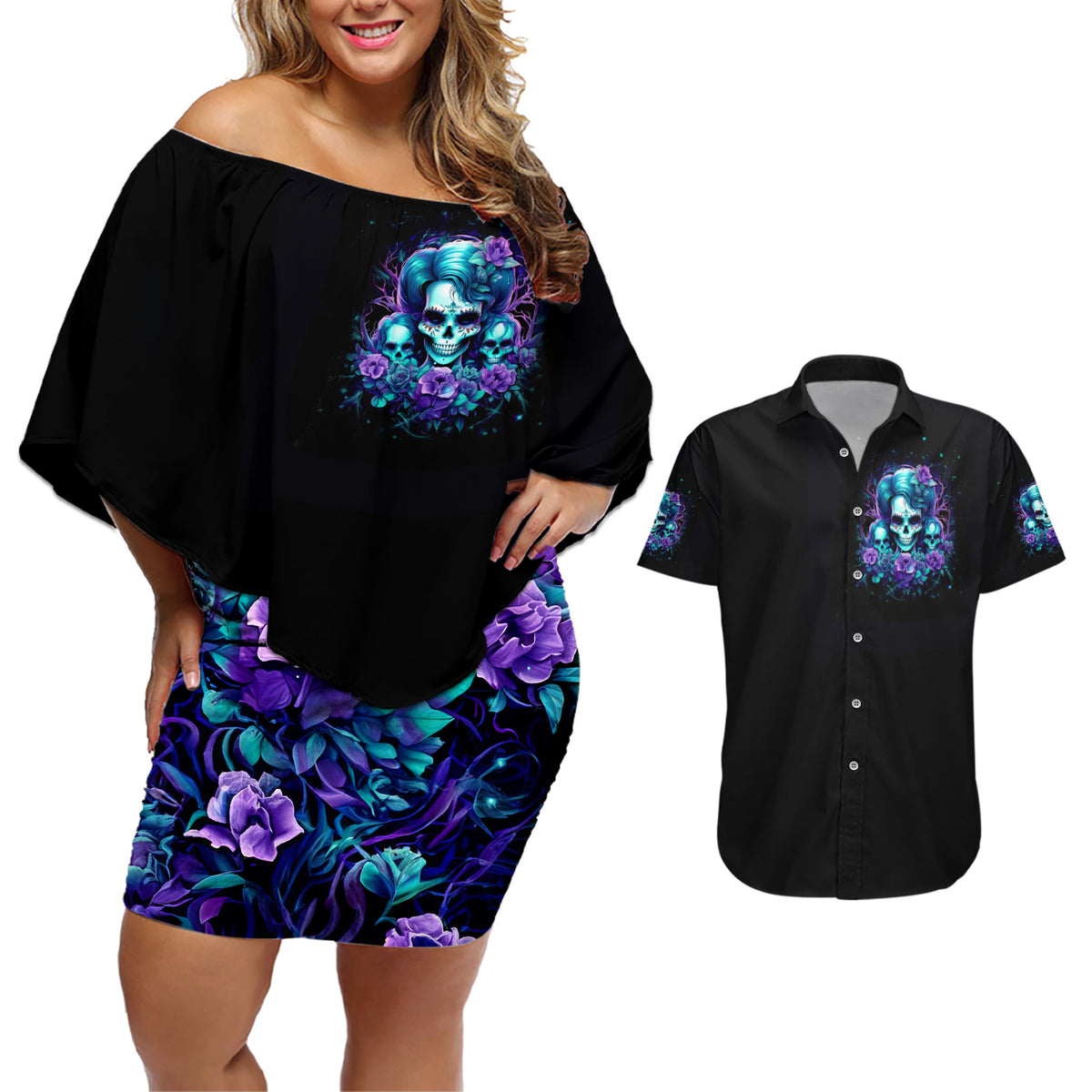 Flower Lady Skull Couples Matching Off Shoulder Short Dress and Hawaiian Shirt Don't Try To Figure Me Out - Wonder Print Shop