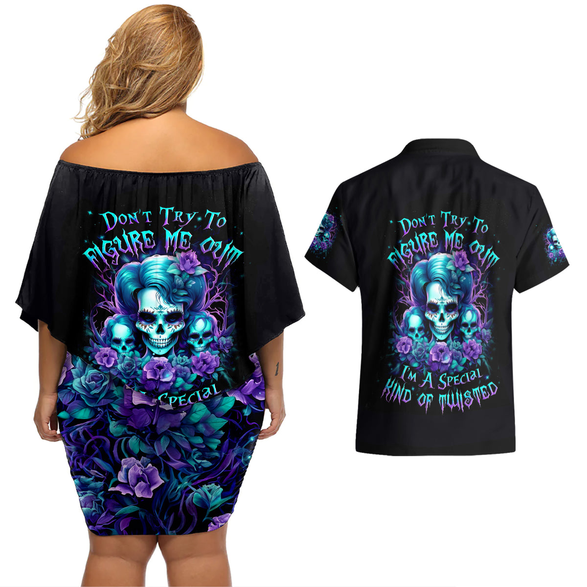Flower Lady Skull Couples Matching Off Shoulder Short Dress and Hawaiian Shirt Don't Try To Figure Me Out - Wonder Print Shop