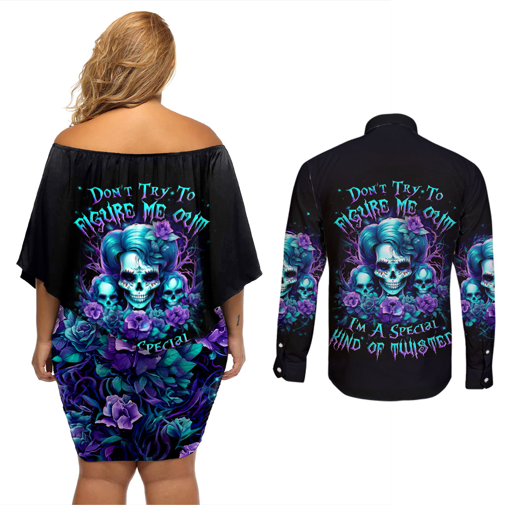 Flower Lady Skull Couples Matching Off Shoulder Short Dress and Long Sleeve Button Shirt Don't Try To Figure Me Out - Wonder Print Shop