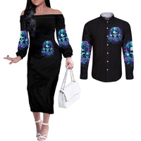 Flower Lady Skull Couples Matching Off The Shoulder Long Sleeve Dress and Long Sleeve Button Shirt Don't Try To Figure Me Out DT01
