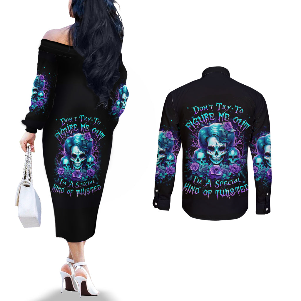 Flower Lady Skull Couples Matching Off The Shoulder Long Sleeve Dress and Long Sleeve Button Shirt Don't Try To Figure Me Out DT01