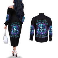 Flower Lady Skull Couples Matching Off The Shoulder Long Sleeve Dress and Long Sleeve Button Shirt Don't Try To Figure Me Out DT01