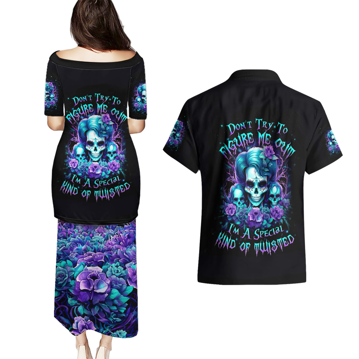 Flower Lady Skull Couples Matching Puletasi Dress and Hawaiian Shirt Don't Try To Figure Me Out - Wonder Print Shop