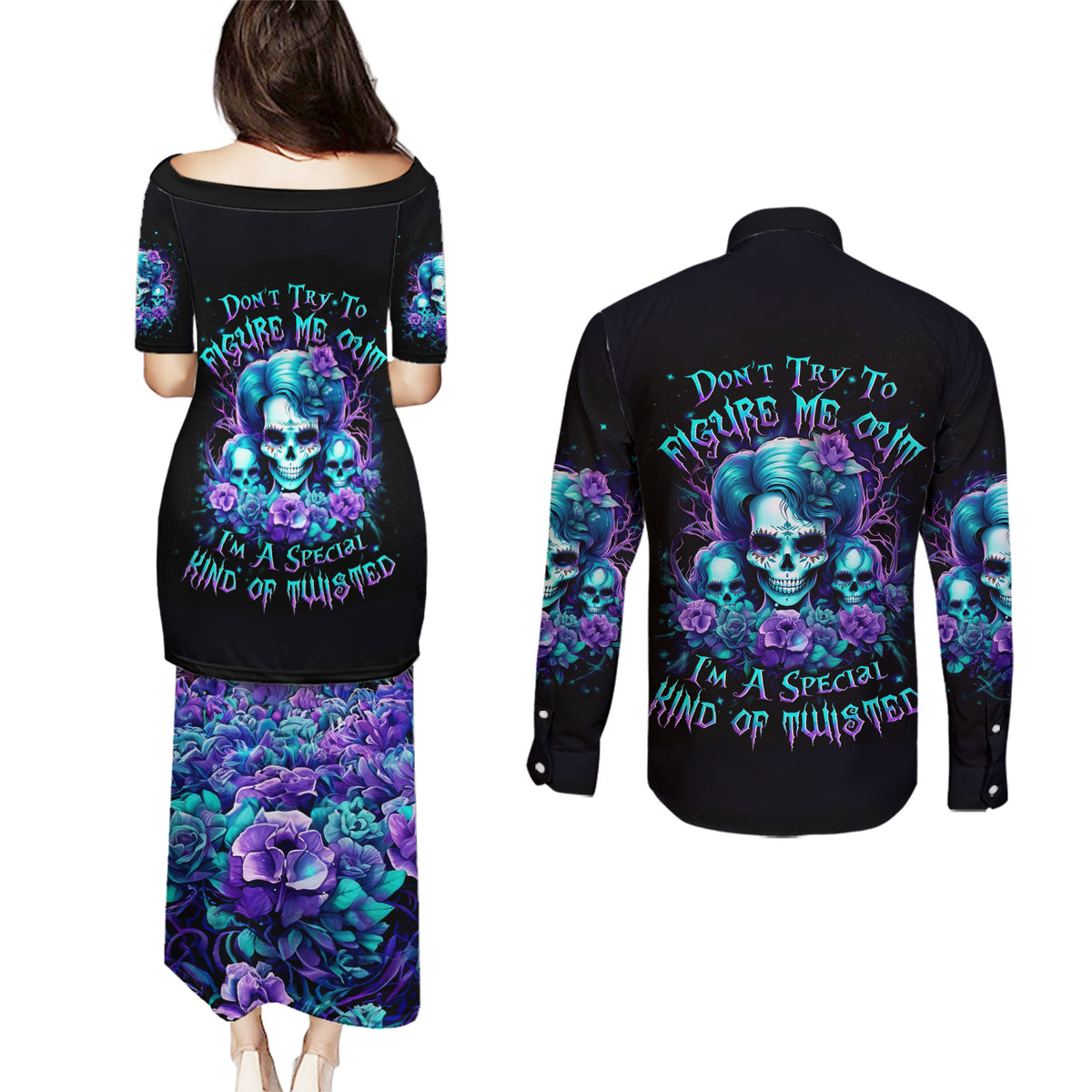 Flower Lady Skull Couples Matching Puletasi Dress and Long Sleeve Button Shirt Don't Try To Figure Me Out - Wonder Print Shop