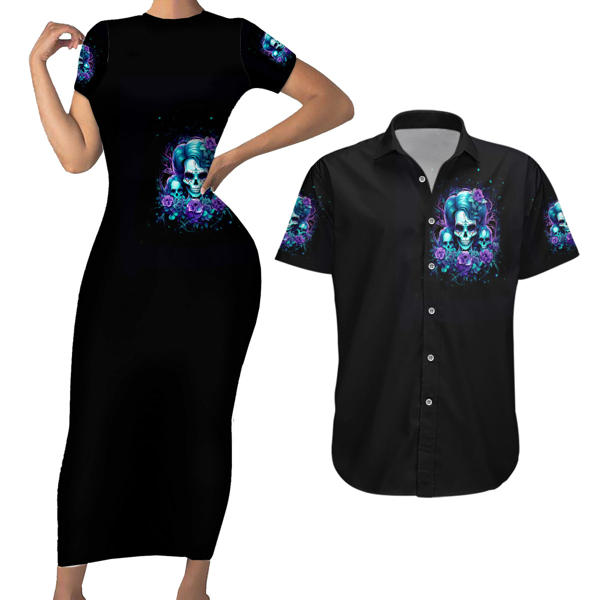 Flower Lady Skull Couples Matching Short Sleeve Bodycon Dress and Hawaiian Shirt Don't Try To Figure Me Out - Wonder Print Shop