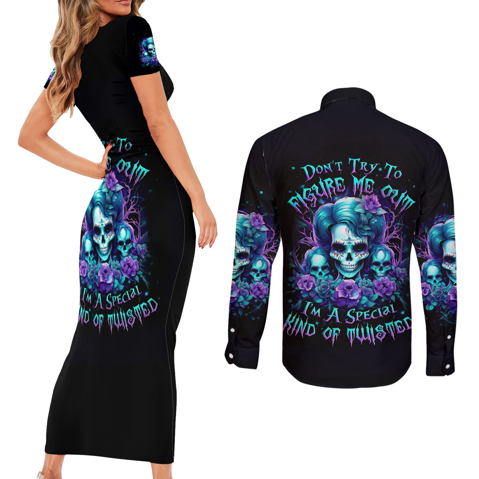 Flower Lady Skull Couples Matching Short Sleeve Bodycon Dress and Long Sleeve Button Shirt Don't Try To Figure Me Out - Wonder Print Shop