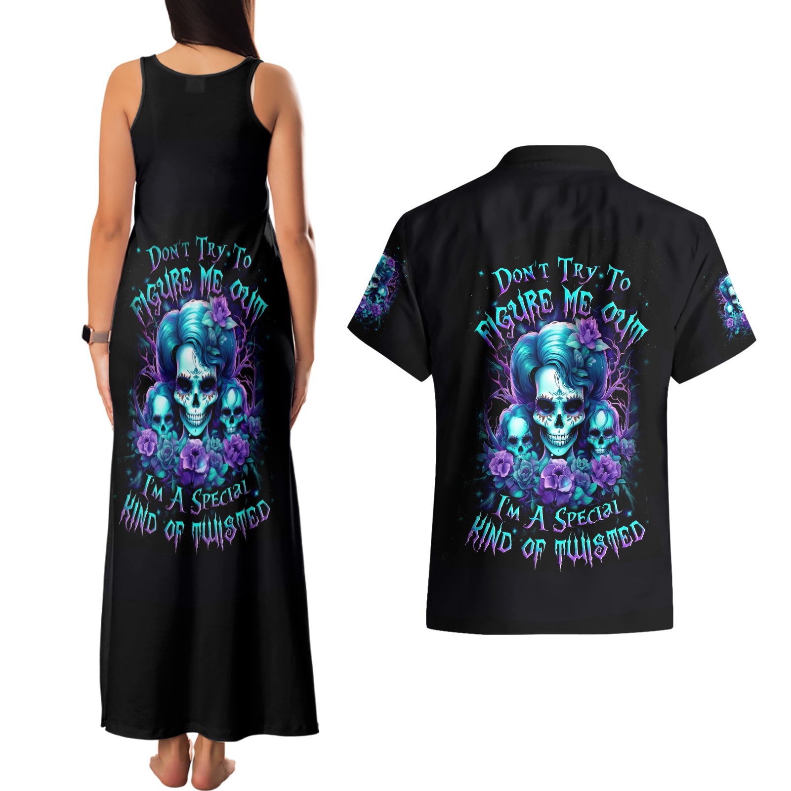 Flower Lady Skull Couples Matching Tank Maxi Dress and Hawaiian Shirt Don't Try To Figure Me Out - Wonder Print Shop