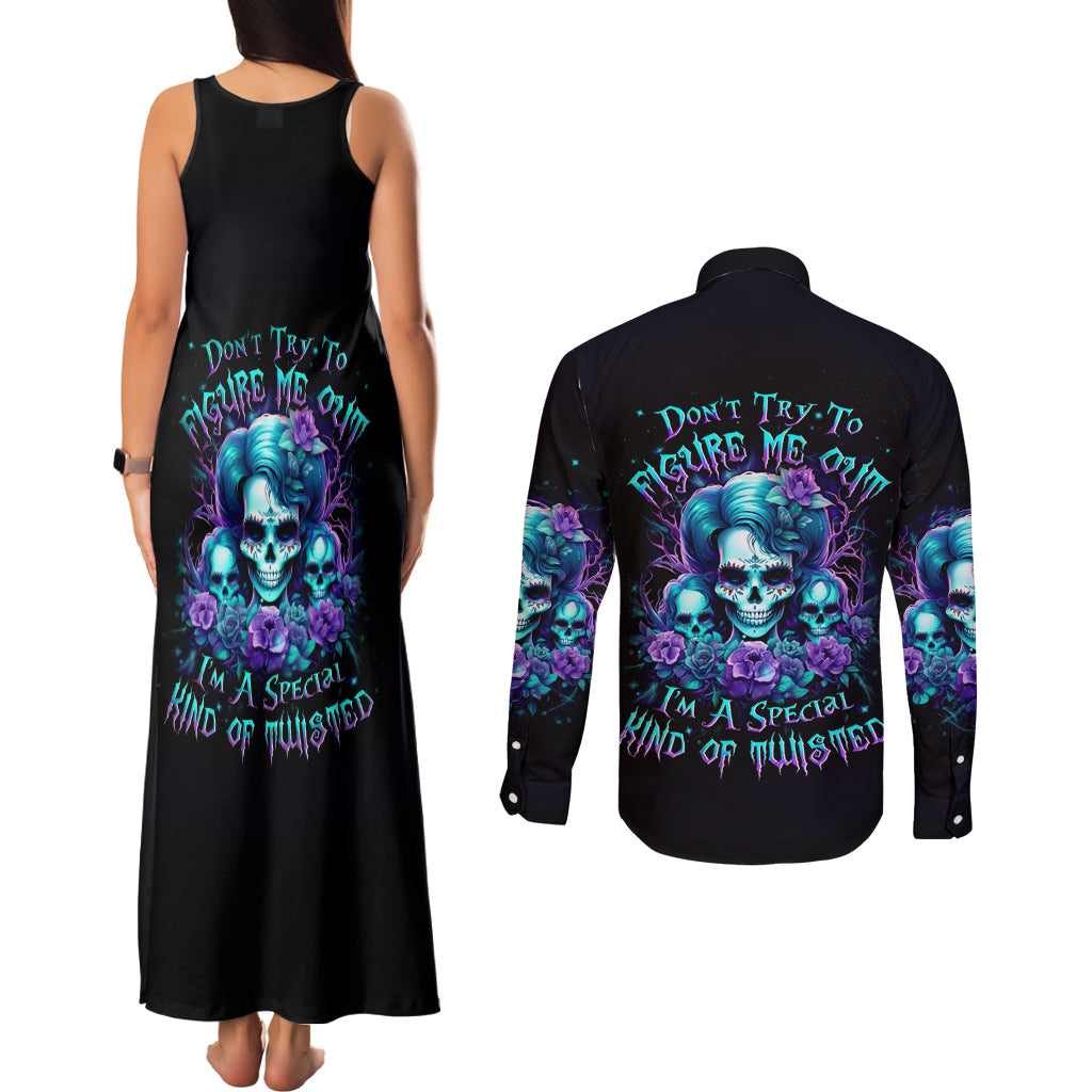 Flower Lady Skull Couples Matching Tank Maxi Dress and Long Sleeve Button Shirt Don't Try To Figure Me Out - Wonder Print Shop