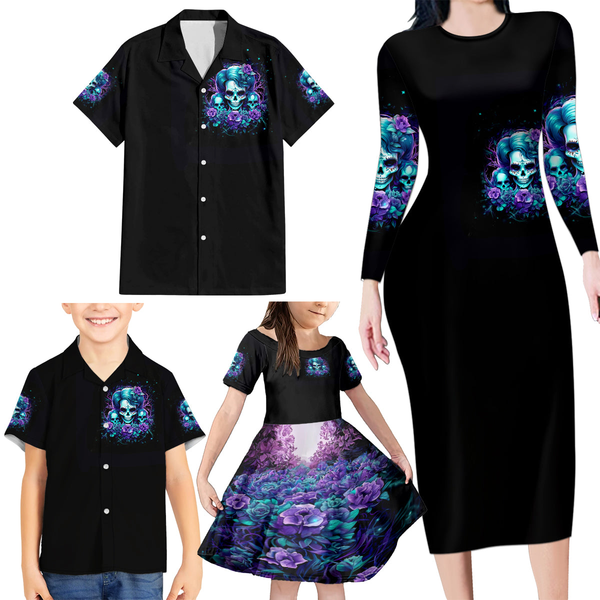 Flower Lady Skull Family Matching Long Sleeve Bodycon Dress and Hawaiian Shirt Don't Try To Figure Me Out - Wonder Print Shop