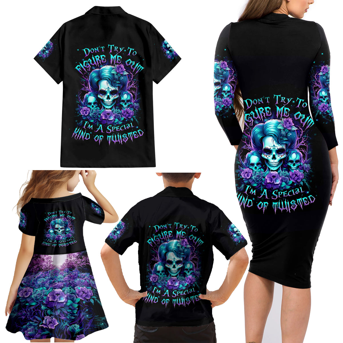 Flower Lady Skull Family Matching Long Sleeve Bodycon Dress and Hawaiian Shirt Don't Try To Figure Me Out - Wonder Print Shop