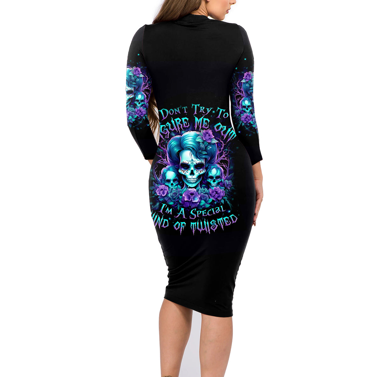 Flower Lady Skull Family Matching Long Sleeve Bodycon Dress and Hawaiian Shirt Don't Try To Figure Me Out - Wonder Print Shop