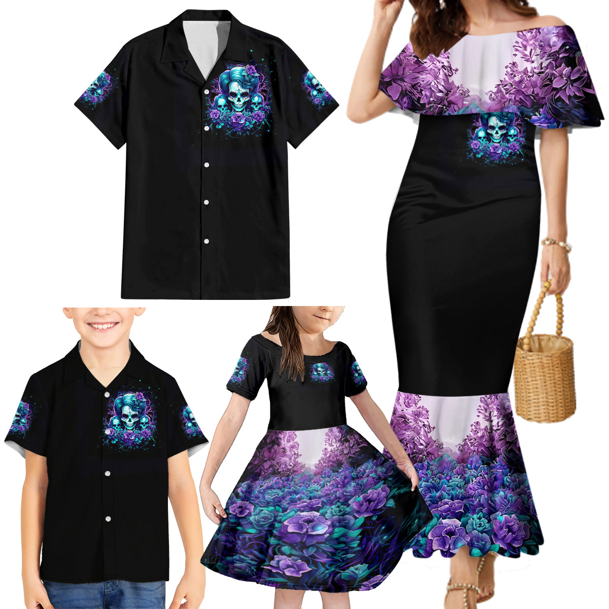 Flower Lady Skull Family Matching Mermaid Dress and Hawaiian Shirt Don't Try To Figure Me Out - Wonder Print Shop