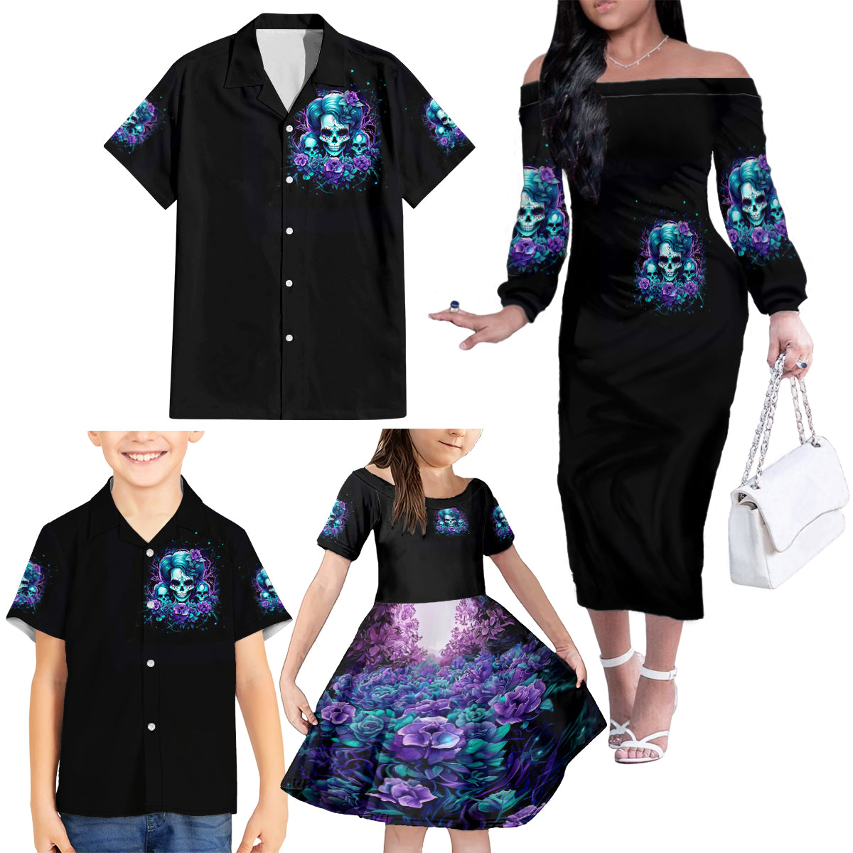 Flower Lady Skull Family Matching Off Shoulder Long Sleeve Dress and Hawaiian Shirt Don't Try To Figure Me Out - Wonder Print Shop