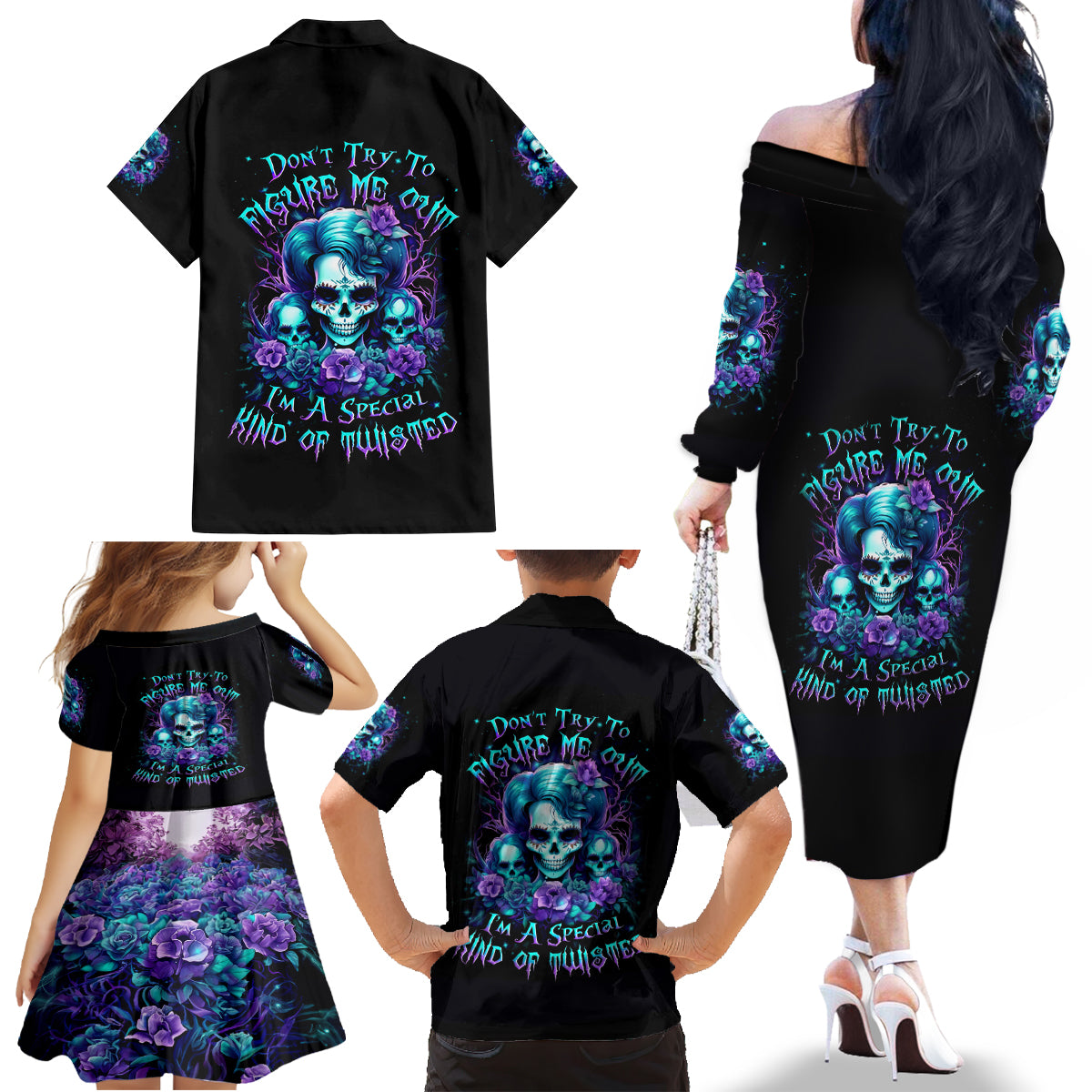 Flower Lady Skull Family Matching Off Shoulder Long Sleeve Dress and Hawaiian Shirt Don't Try To Figure Me Out - Wonder Print Shop